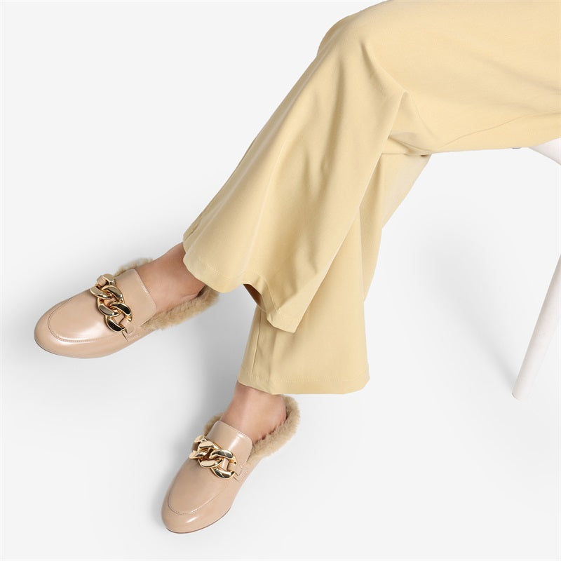 Chain Closed Toe Fur Lined Mules-Nude