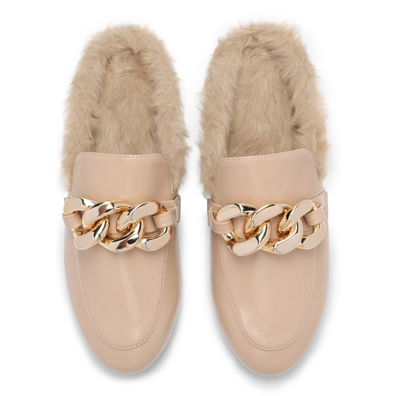 Chain Closed Toe Fur Lined Mules-Nude