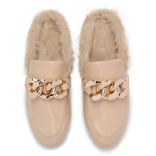 Chain Closed Toe Fur Lined Mules-Nude