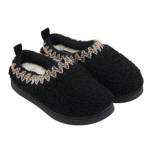 Shearling Embroidered Trim Slipper-Black - Slipper Lounge