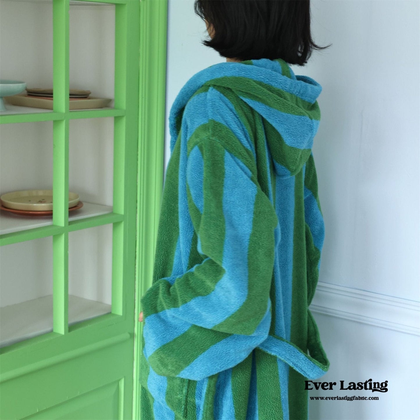 Modern Striped Cotton Bathrobe Set / Blue