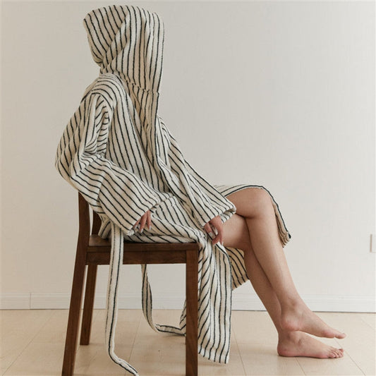 Minimalist Thin Striped Hooded Bathrobe