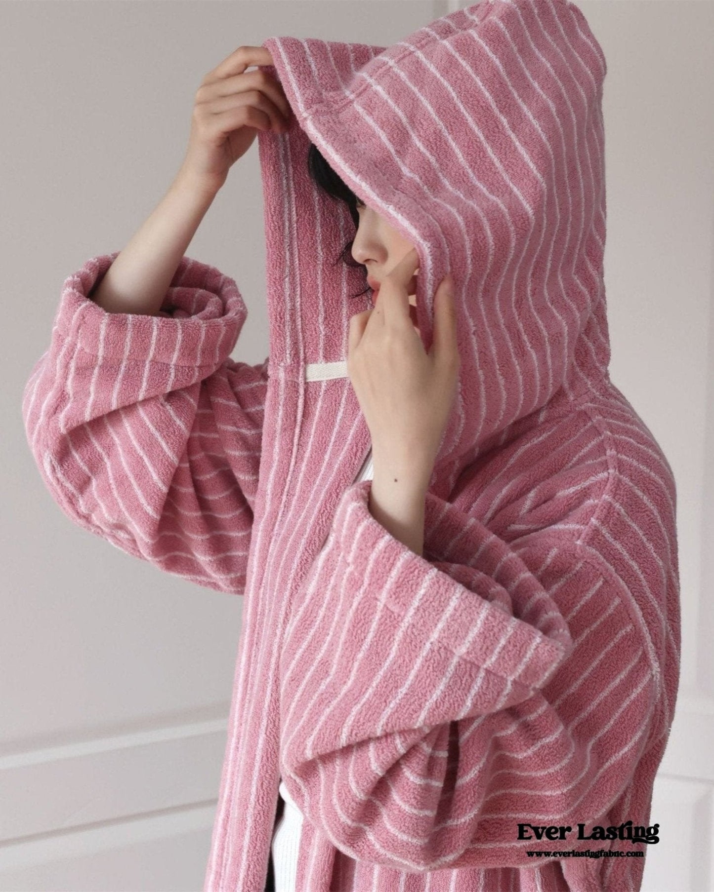 Modern Striped Cotton Bathrobe Set / Pink