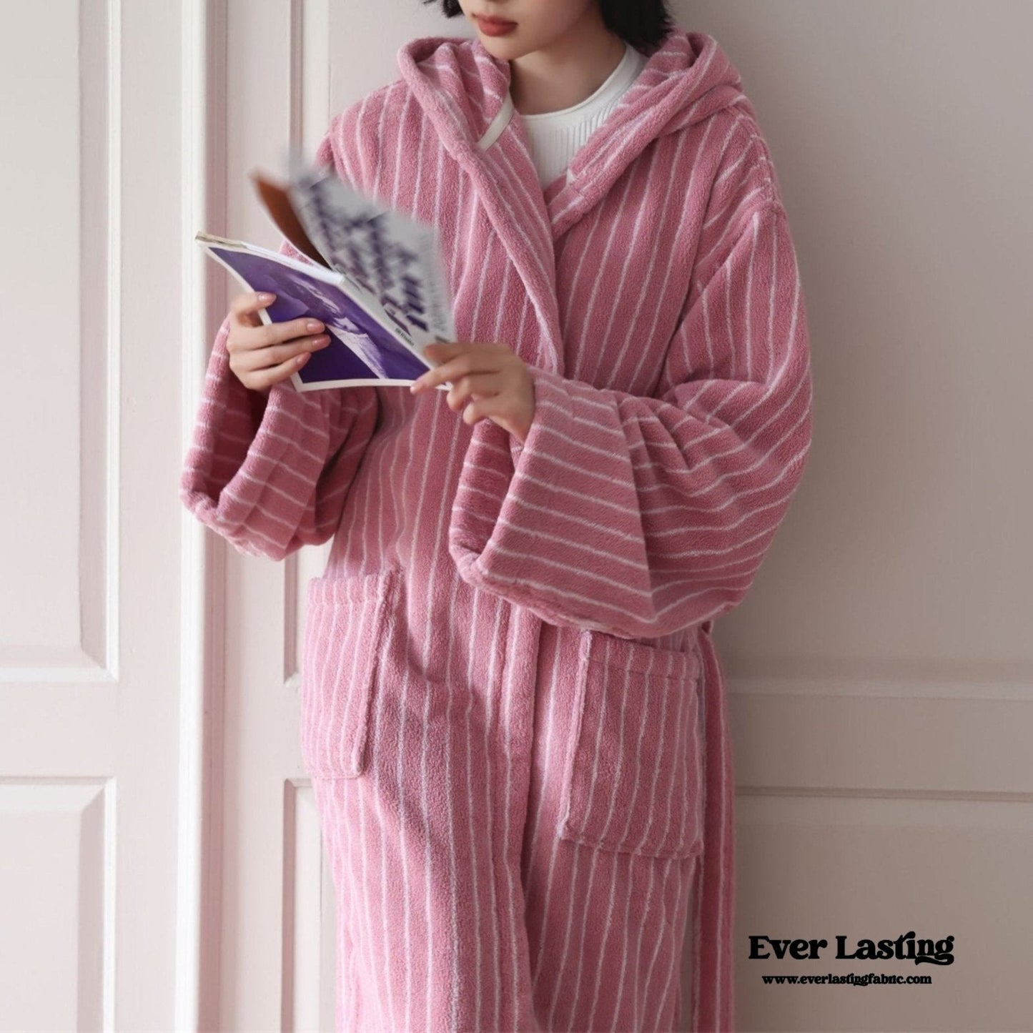 Modern Striped Cotton Bathrobe Set / Pink