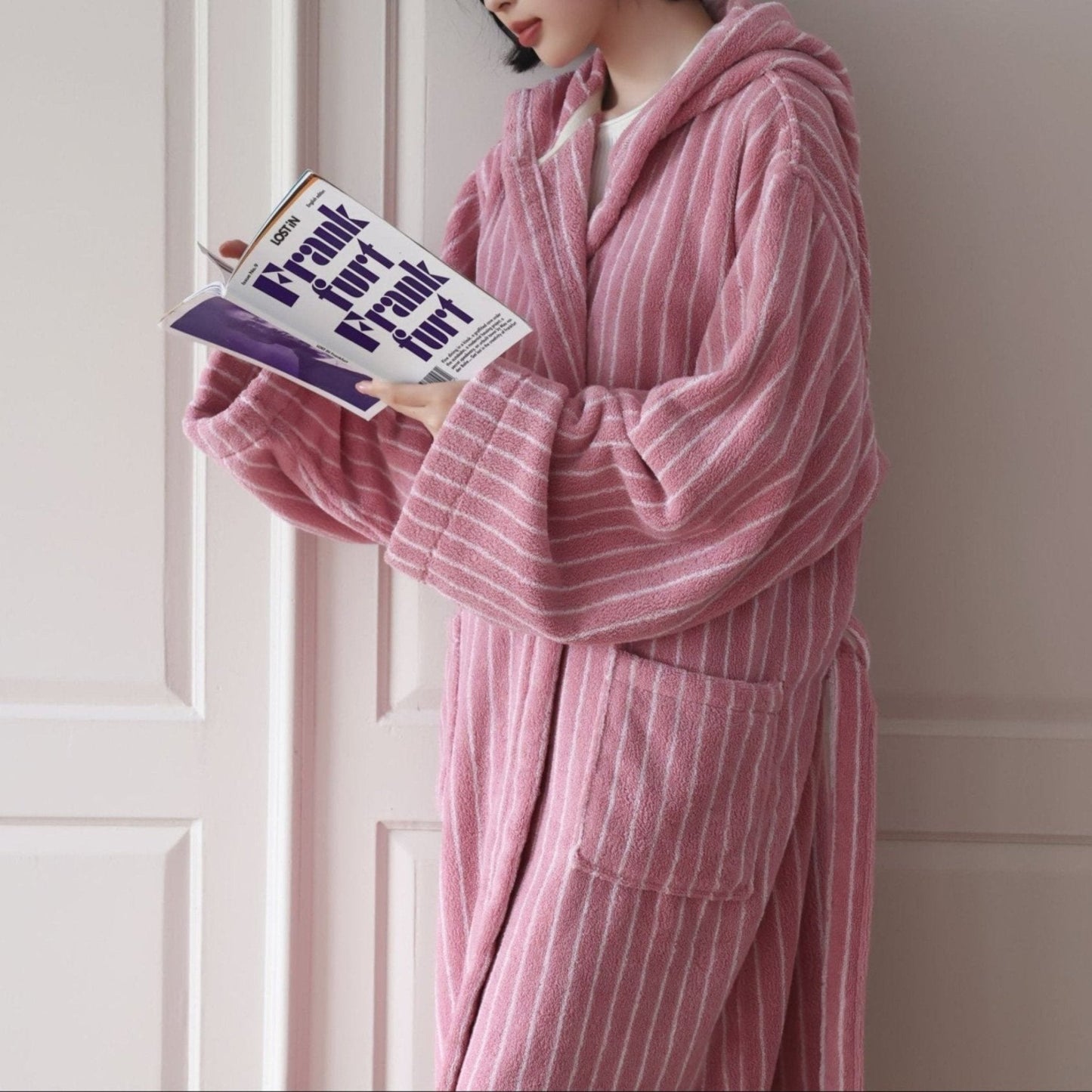 Modern Striped Cotton Bathrobe Set / Pink
